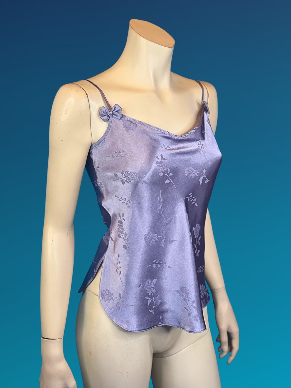 90s Lavender Satin Cami Floral Jacquard Slip Top | XS S - Picture 5 of 10